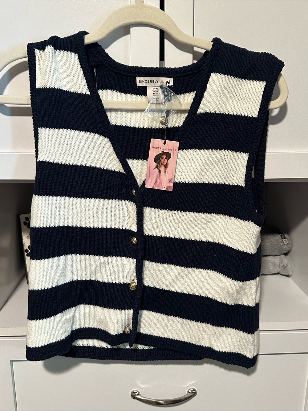 Sincerely Jules Navy and White Striped Knit Button Vest - Picture 1 of 3